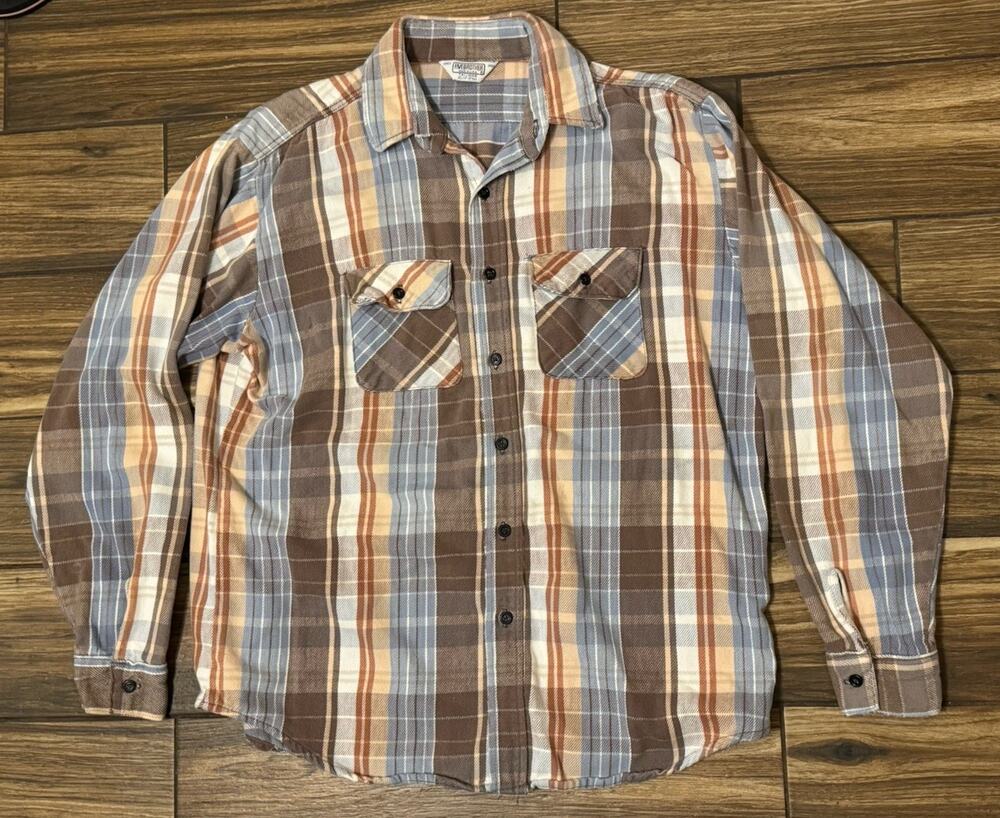 Five Brother Flannel Shirt Men XL Tall Plaid Brown Blue Tan Made in USA Vintage